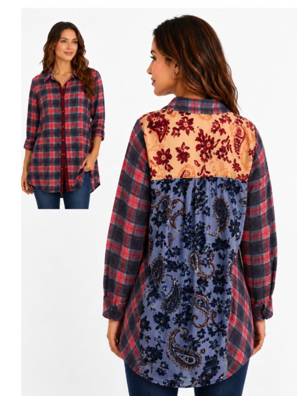 Soft Surroundings Plaid Tunic Velvet Back Patchwork Boho Shirt XL